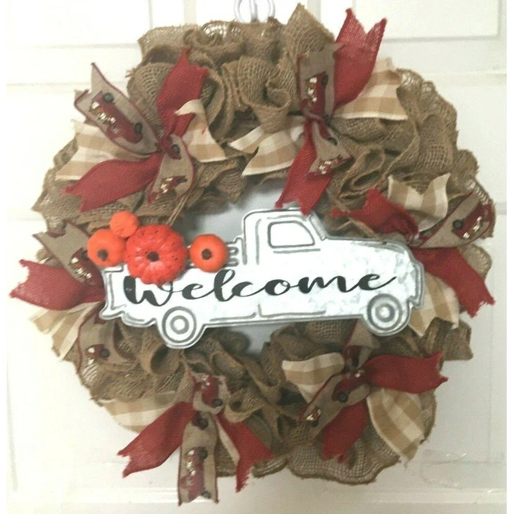 Fall Wreath Burlap Farmhouse Rustic Truck Welcome Sign Handmade